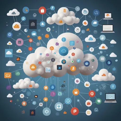 Prompt: a poster with a cloud and various icons on it, including data, data, and other things that are depicted, Enguerrand Quarton, objective abstraction, detailed illustration, a digital rendering