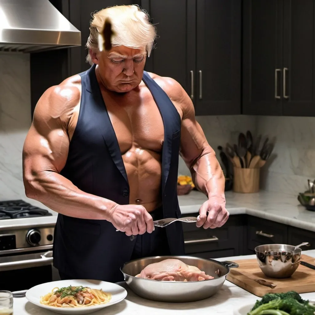 Prompt: Donald trump with a muscular body making dinner