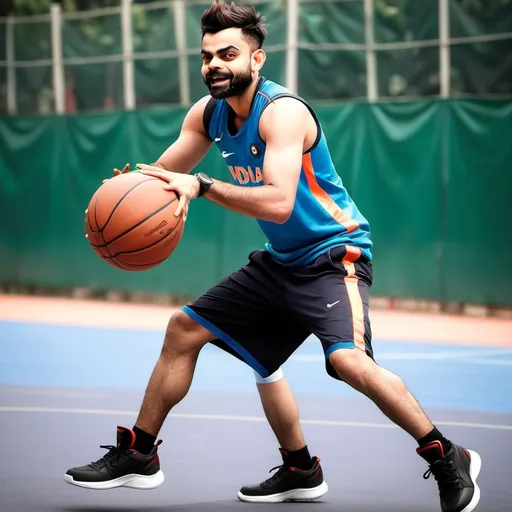 Prompt: Virat kholi playing basket ball