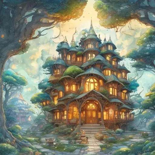 Prompt: a house with books surrounded by a tree, in the style of whimsical anime, precise, detailed architecture paintings, bright luster, wood, adventure themed, multilayered dimensions, aquarellist