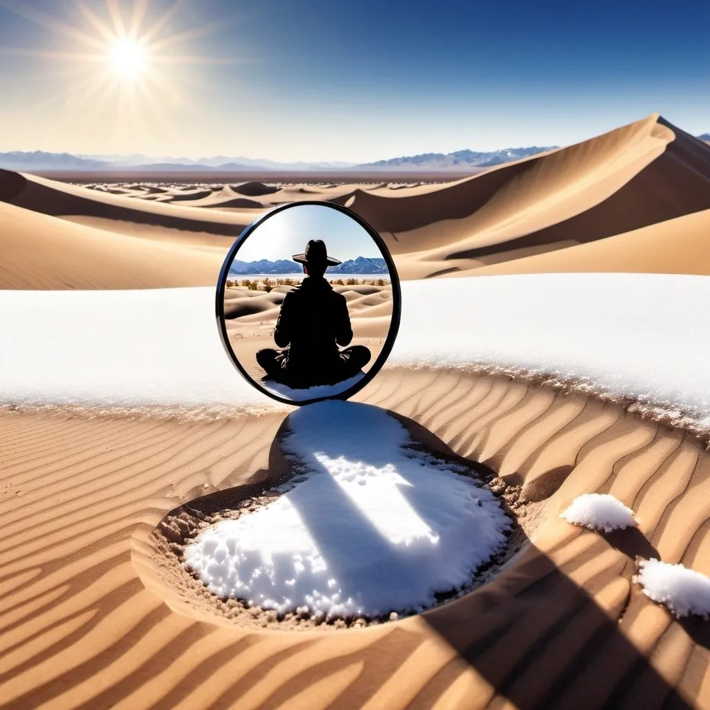 Prompt: Person holding round mirror in desert shadow, bright sunlight reflection, snowy landscape, high quality, realistic, desert, bright sunlight, shadow, round mirror, person, snow, intense reflection, sand dunes, clear sky, realistic lighting, intense glare, highres, snowy landscape and the person is sitting in lotus flower, and with a 70s music album aesthetic, similar to the last one but we can only see the persons shadow, and even more 70s aesthetic and some snow there
 