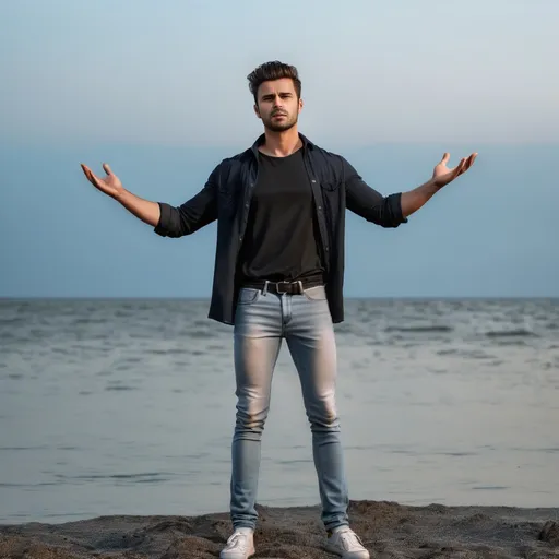 Prompt: A handsome hero sad in mood wearing dark shirt and light colored jeans. Standing on sea shore with hands open horizontal, make best vibrant image