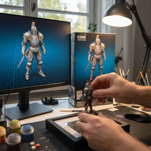 Prompt: Two hands gently pick up the figure in the frame and rotate it slightly for inspection. The model on the computer screen and the model printed on the packaging box remain stationary, while all other background elements stay unchanged.