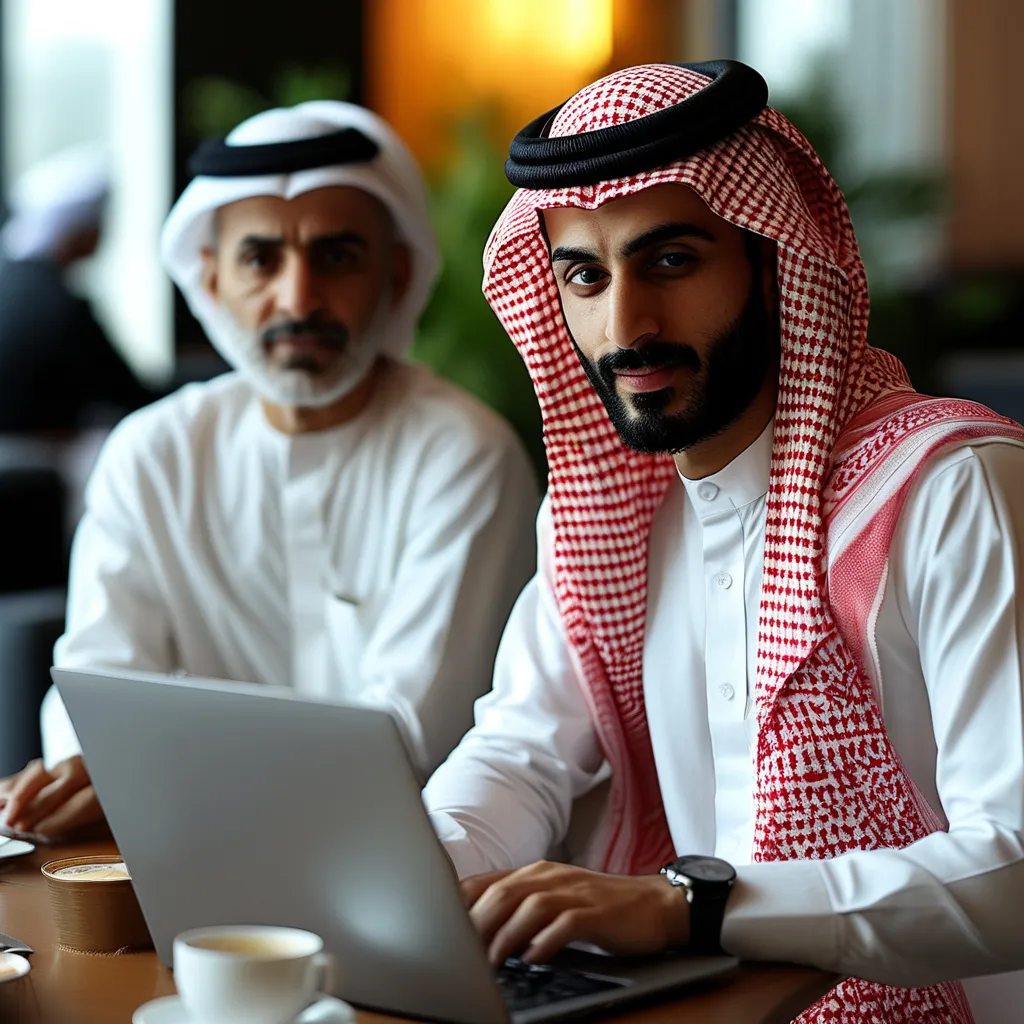 Prompt: arab men from united arab emirates working in office and having tea and laptop