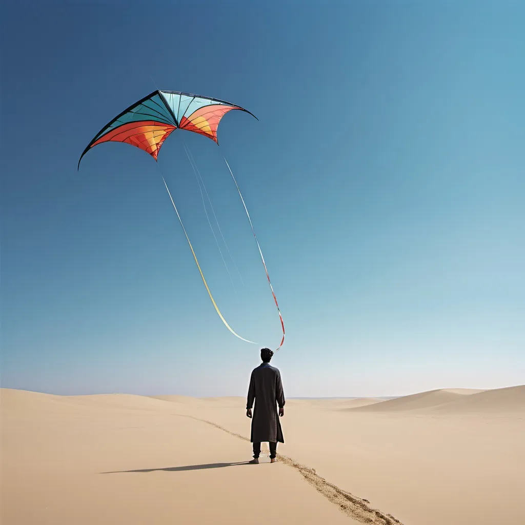 Prompt: a man standing in the sand with a kite in the sky above him and a blue sky in the background, Amir Zand, aestheticism, vfx, a picture