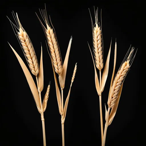 Prompt: a group of three wheat stalks with leaves on a black background with a black background and a black background with a black background, as in the photo