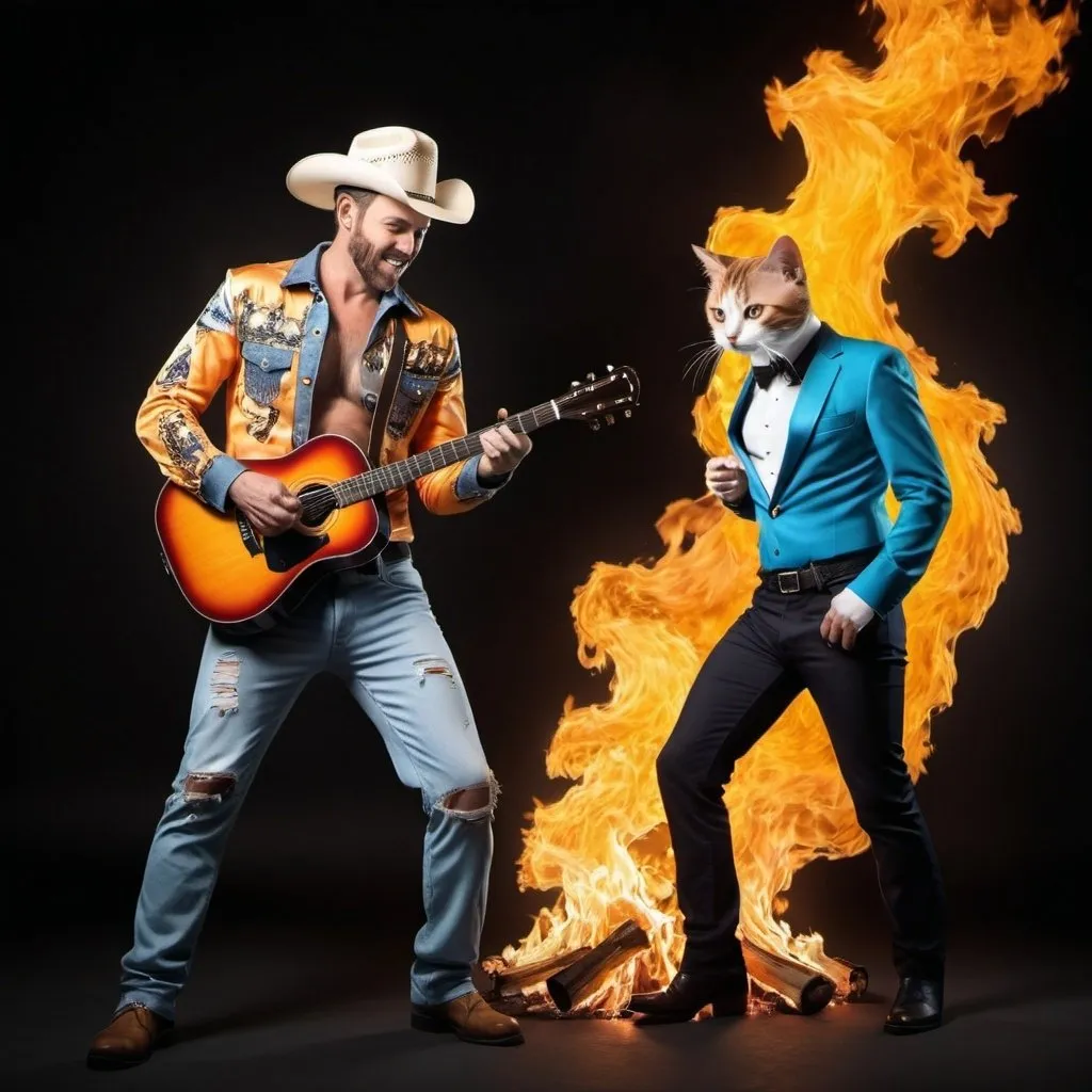 Prompt: a man with his pants on fire wearing a country music outfit with cheeky cat man watching him 

