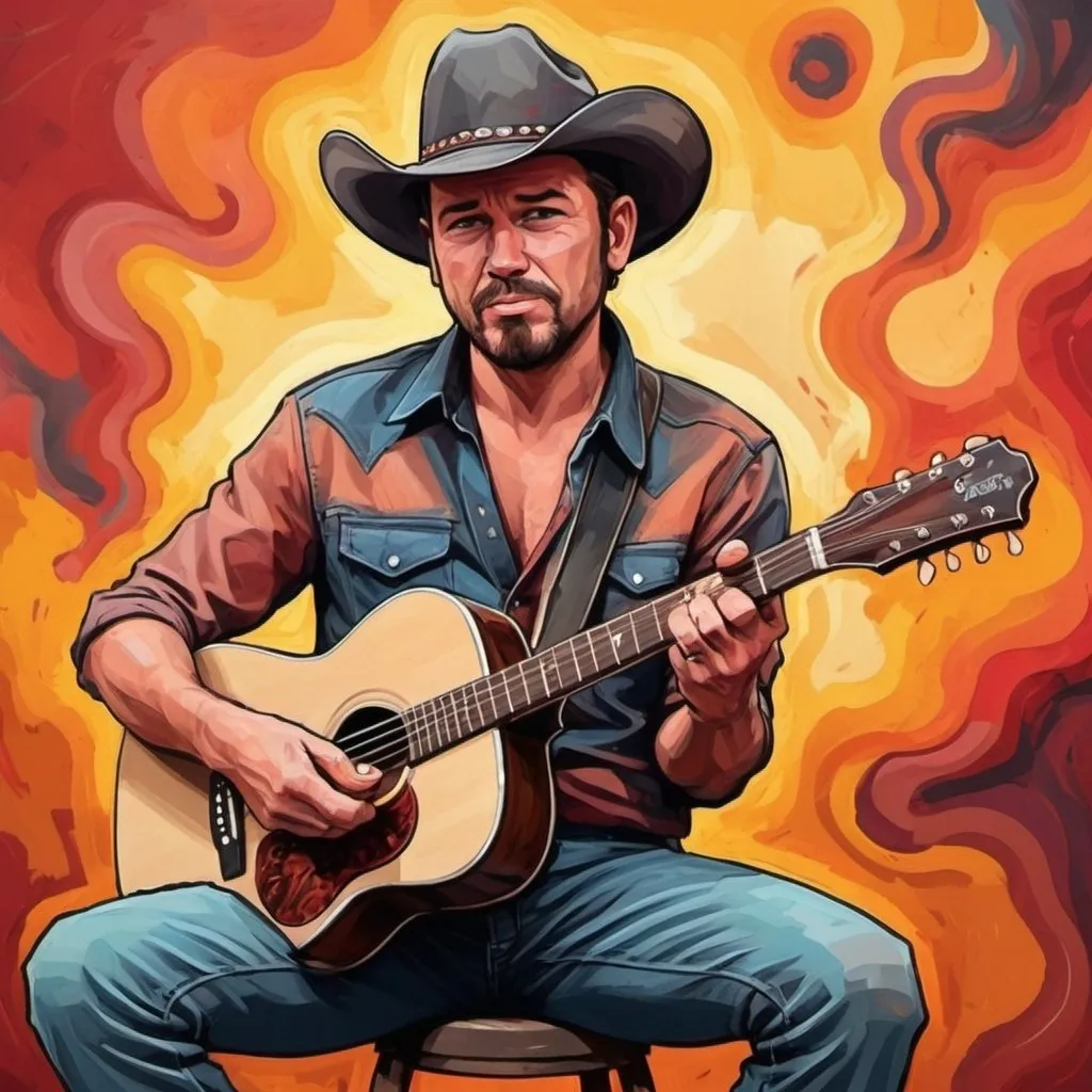 Prompt: a country music singer who has bad indigestion and poops his pants because he ate a hot cat from a sneaky vendor. In an abstract style

