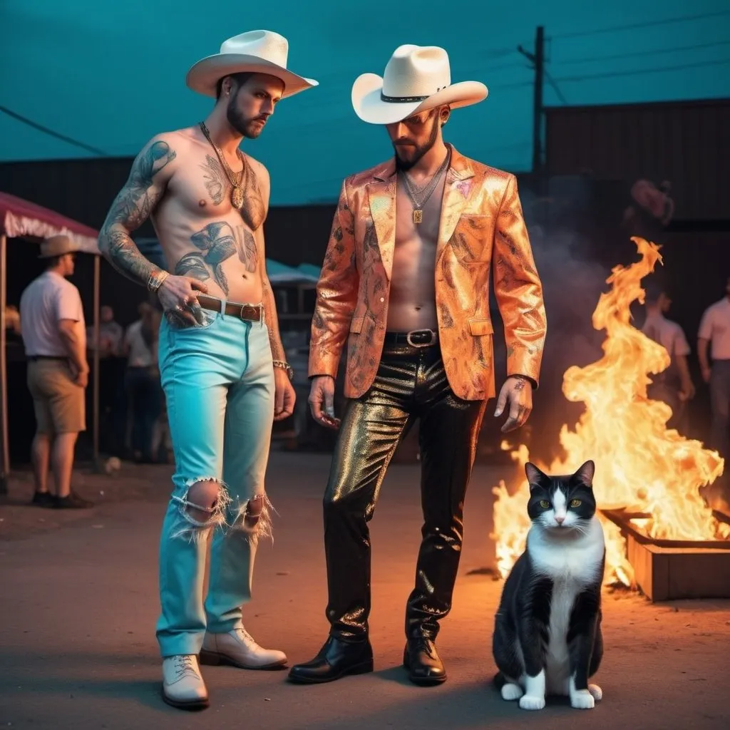 Prompt: a man with hit pants on fire wearing a country music outfit with a sly cat vendor watching him in a trippy post modern style
