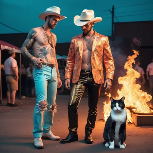 Prompt: a man with hit pants on fire wearing a country music outfit with a sly cat vendor watching him in a trippy post modern style
