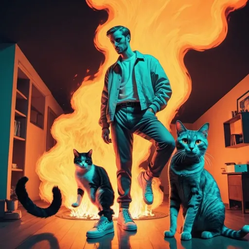 Prompt: a man with hit pants on fire with a sly cat watching him in a trippy post modern style
