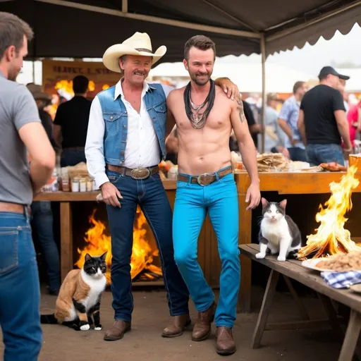 Prompt: a man with his pants on fire wearing a country music outfit with cheeky cat man at a stall watching him 

