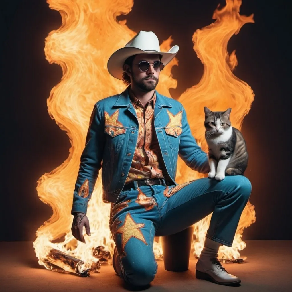 Prompt: a man with hit pants on fire wearing a country music outfit with a sly cat watching him in a trippy post modern style
