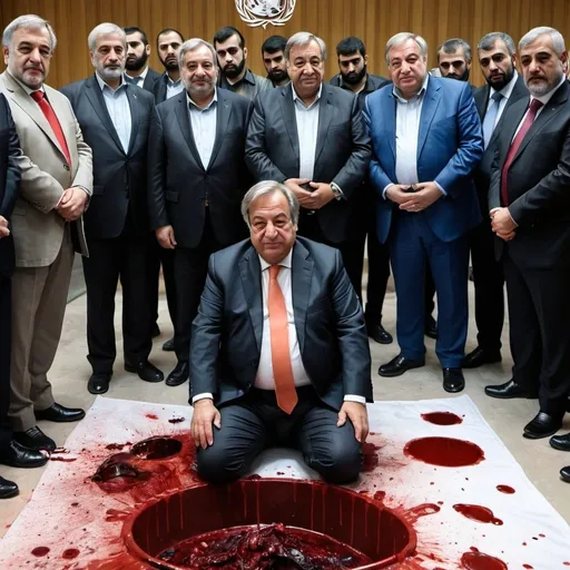 Prompt: Antonio Guterres is sitting on the ground. there is a pool of blood on the ground. Antonio Guterres' clothes are stained with blood. Antonio Guterres holds large wads of money in his hands. Hamas leaders stand next to Antonio Guterres. Hamas leaders hold severed heads in their hands. In the background is the Hamas flag and the UN flag.