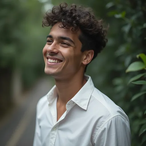 Prompt: Against a backdrop of muted, blurred greens and grays, a young man stands with a gentle smile, exuding a sense of joy and contemplation. He wears a crisp white shirt that contrasts with the darker colors of his surroundings, enhancing his presence in the scene. His short, curly hair is well-defined, while beads of moisture on his skin suggest a warm atmosphere, possibly indicative of a sunny day. The soft focus around him creates a dreamy quality, emphasizing the calm and positive mood encapsulated in the moment, inviting viewers to reflect on their own experiences of happiness and serenity.