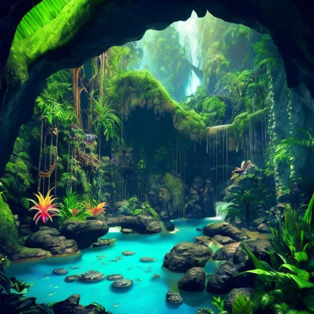 Prompt: beautiful tropical rainforest in a cave, with crystals and pools with a waterfall and tropical flowers, everything looks like the planet Pandora, Avatar the way of water.