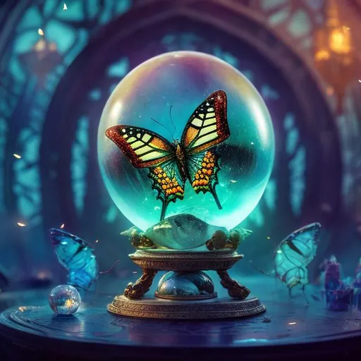 Prompt: A crystal ball, inner decor is a butterfly, detailed matte painting, deep color, fantastical, intricate detail, splash screen, complementary colors, fantasy concept art, 8k resolution