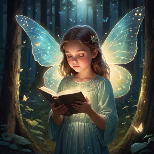 Prompt: In a serene forest clearing bathed in soft moonlight, a girl with iridescent butterfly wings stands at the center, her hands gently cradling an ancient, glowing book. The pages emit a radiant light, casting sparkling particles that float in the air around her. The forest animals, drawn by the enchantment, gather in a silent, captivated audience. The glow from the book illuminates the girl's face, highlighting her expression of deep concentration and wonder. The entire scene is alive with magic, the air shimmering with the dazzling sparkles that dance like fireflies in the night.