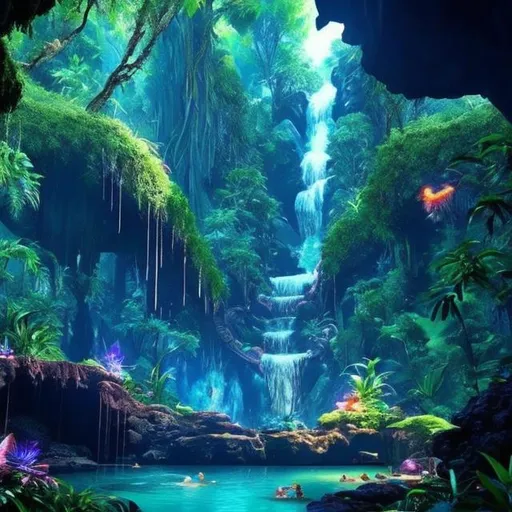Prompt: beautiful tropical rainforest in a cave, with crystals and pools with a waterfall and fireflies, everything looks like the planet Pandora, Avatar the way of water.