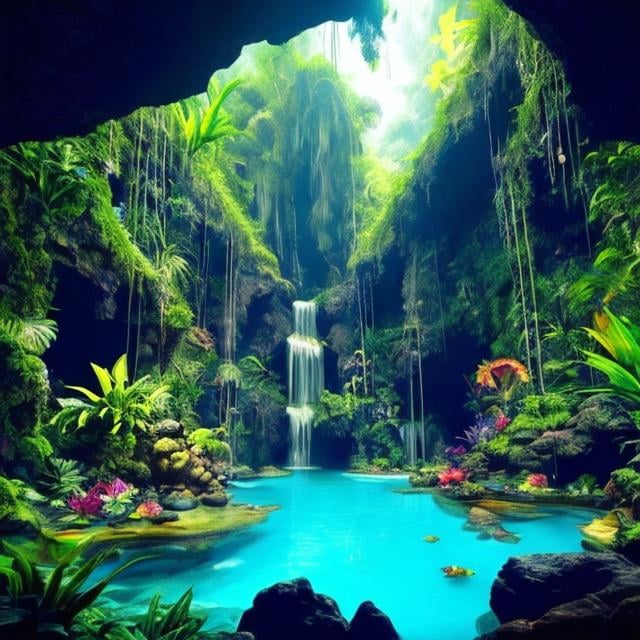Prompt: beautiful tropical rainforest in a cave, with crystals and pools with a waterfall and tropical flowers, everything looks like the planet Pandora, Avatar the way of water.