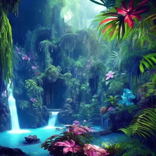 Prompt: beautiful tropical rainforest in a cave, with crystals and pools with a waterfall and tropical flowers, everything looks like the planet Pandora, Avatar the way of water.