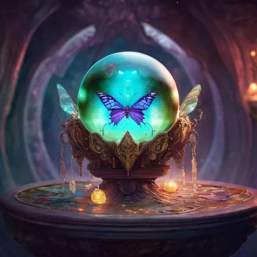 Prompt: A crystal ball, inner decor is a butterfly, detailed matte painting, deep color, fantastical, intricate detail, splash screen, complementary colors, fantasy concept art, 8k resolution