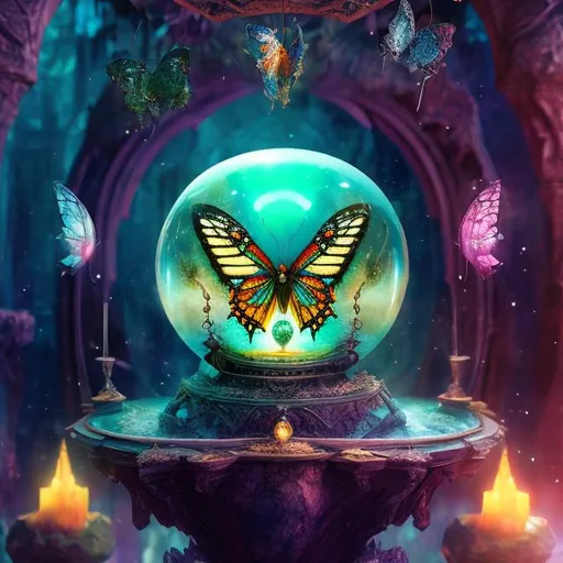 Prompt: A crystal ball, inner decor is a butterfly, detailed matte painting, deep color, fantastical, intricate detail, splash screen, complementary colors, fantasy concept art, 8k resolution