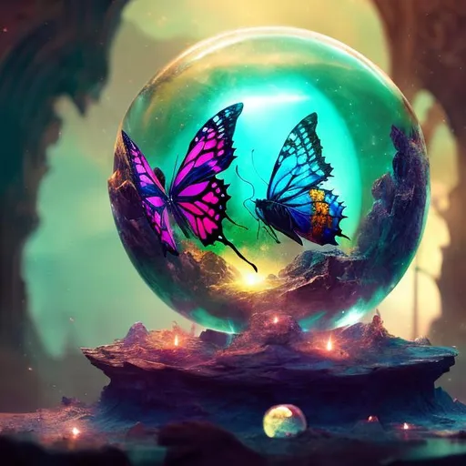 Prompt: A crystal ball, inner decor is a butterfly, detailed matte painting, deep color, fantastical, intricate detail, splash screen, complementary colors, fantasy concept art, 8k resolution