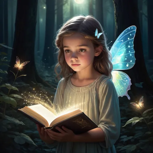 Prompt: In a serene forest clearing bathed in soft moonlight, a boy with iridescent butterfly wings stands at the center, her hands gently cradling an ancient, glowing book. The pages emit a radiant light, casting sparkling particles that float in the air around her. The forest animals, drawn by the enchantment, gather in a silent, captivated audience. The glow from the book illuminates the girl's face, highlighting her expression of deep concentration and wonder. The entire scene is alive with magic, the air shimmering with the dazzling sparkles that dance like Elfen in the night.