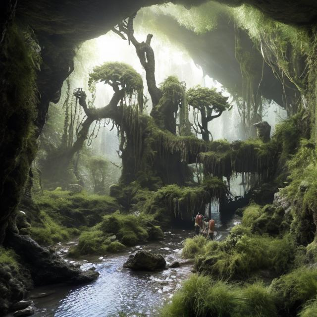 Prompt: prachtig tropisch regenwoud in een grot, met kristallen en poelenen watervallen, alles lijkt op de planeet Pandora, Avatar de weg van water
