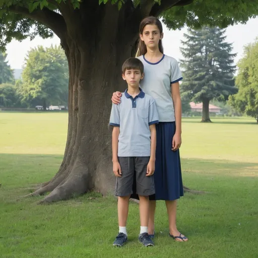 Prompt: At ​9:00. there is  one 13 years old boy and she mother standing on the grass. There is a big tree behind them. 