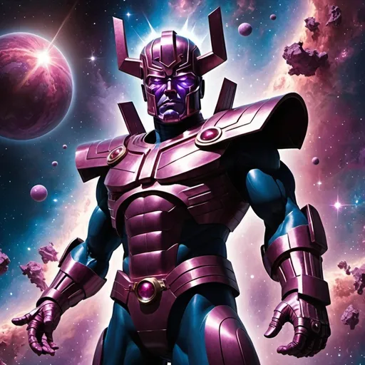 Prompt: A colossal, ultra-realistic depiction of Galactus, the cosmic entity from Marvel Comics, standing amidst the vastness of space. He towers over entire galaxies, with shimmering nebulae and swirling stars framing his immense figure. His armor glows with ethereal, metallic hues—deep purples, blues, and silvers—reflecting the distant light of dying stars. His eyes are glowing orbs of cosmic energy, filled with both ancient wisdom and insatiable hunger. Below him, a planet is crumbling to dust as Galactus extends a massive, celestial hand, absorbing its life force. The scene is highly detailed, with light from nearby quasars casting dramatic highlights and shadows on Galactus's intricate armor, capturing the immense scale of his cosmic presence.