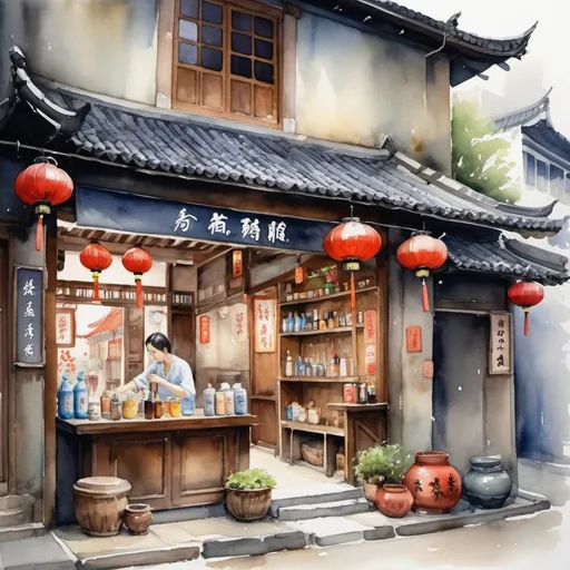 Prompt: Wuxia bar shop in the small street, extremely detailed, watercolor painting
