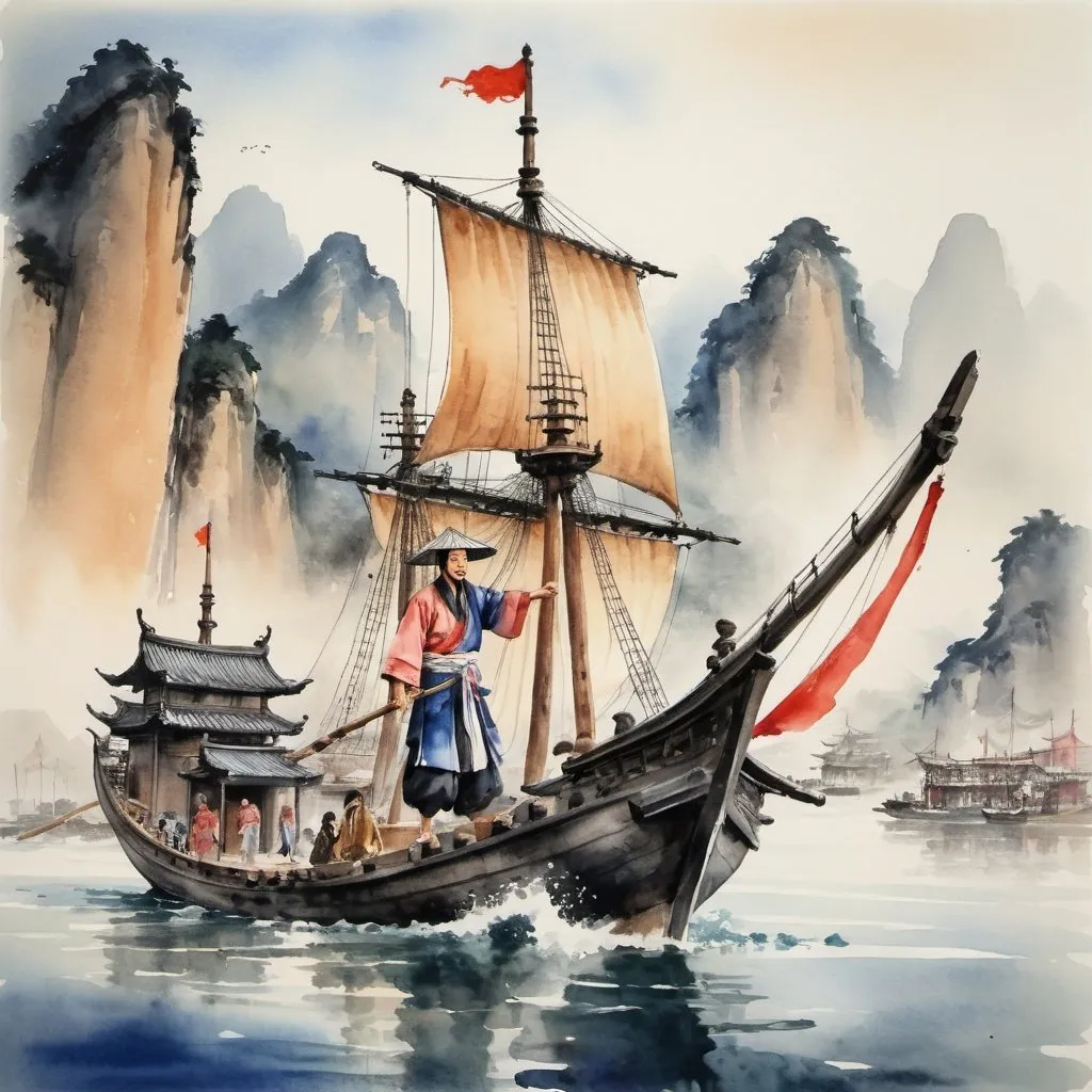 Prompt: wuxia man sailing a ship, wuxia ship at the port, extremely details, watercolor painting,