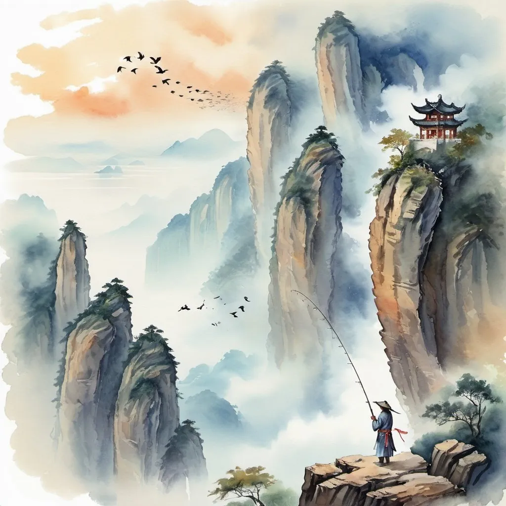 Prompt: wuxia man standing on the cliff, holding the fishing rod, trying to fishing fromm the cloud under the cliff, birds flying over the cliffs, extremely details, watercolor painting, fantasy