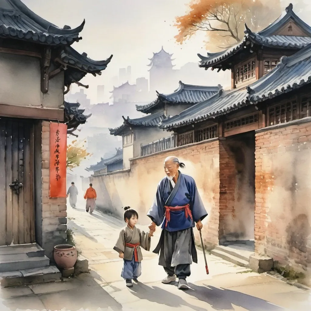 Prompt: wuxia old noble man holding a little boy walking toward the urban gate wall, early morning light, urban house in background, extremely details, watercolor painting