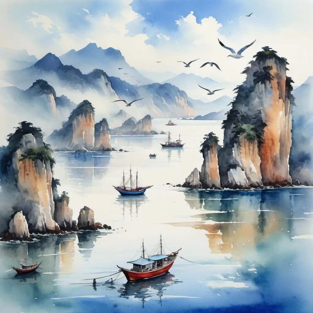 Prompt: wuxia bay with blue sky water, fishing boat sailing, seagulls flying, fantastic scenery, extremely details, watercolor painting,