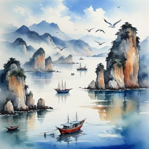 Prompt: wuxia bay with blue sky water, fishing boat sailing, seagulls flying, fantastic scenery, extremely details, watercolor painting,