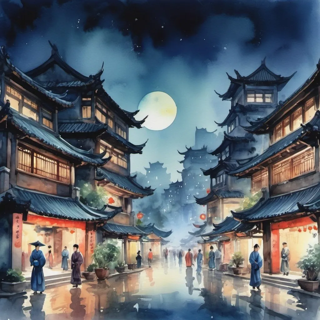 Prompt: Wuxia city lanscape, night life, extremely details, watercolor painting