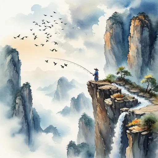 Prompt: wuxia man standing on the cliff, holding the fishing rod, trying to fishing from the cloud under the cliff, birds flying over the cliffs, extremely details, watercolor painting, fantasy