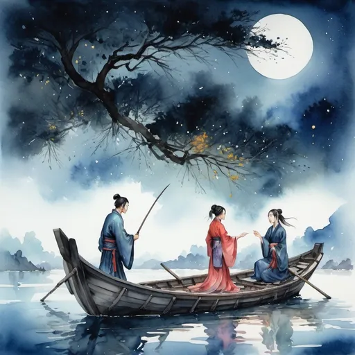 Prompt: Wuxia man and woman talking on a boat in the middle of swarm at night, extremely detailed, romntic theme, watercolor painting