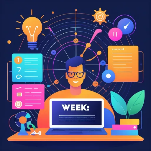 Prompt: (illustration) depicting "Week 1: Foundations and Goal Setting", vibrant and educational, focusing on passive income from AI, inspirational visuals of charts, settings, and goals, a thoughtful atmosphere, dynamic energy, detailed background elements like laptops and notes, modern colors and designs, motivational mood, high quality, ultra-detailed resolution.