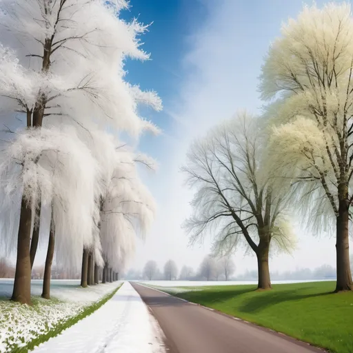 Prompt: half Winter and half spring scenery