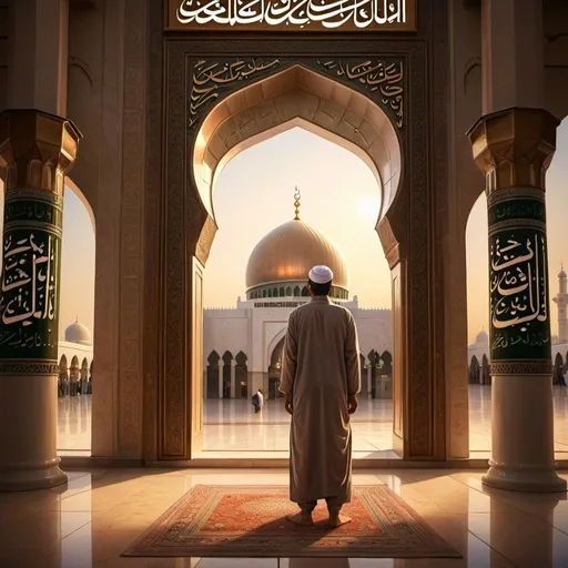 Prompt: Devotee standing in front of Prophet Muhammad's shrine, realistic painting, serene atmosphere, intricate calligraphy, warm and soft lighting, high quality, detailed brushwork, realistic, serene, intricate details, warm lighting