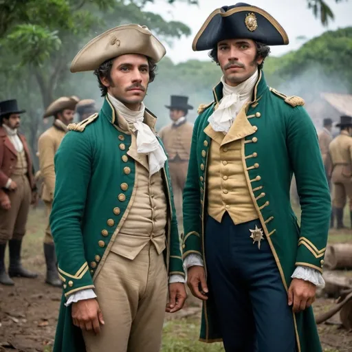 Prompt: Crie uma capa de filme ambientada em 1835 no Brasil, mostrando dois irmãos homens que não se dão bem. O irmão mais velho é bem-sucedido e está vestido com roupas em tons de azul marinho. O irmão mais novo é um fracassado na vida e usa roupas em verde pistache, verde oliva e bege. Entre eles, há uma mulher com roupas vermelhas e rosas, que é o ponto culminante da história. A capa deve transmitir tensão e contraste entre o sucesso e o fracasso, além de destacar o papel central da mulher na narrativa.