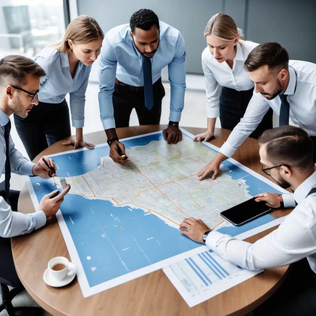 Prompt: corporate professionals looking at a map on a table during a training session with a phone on the table

