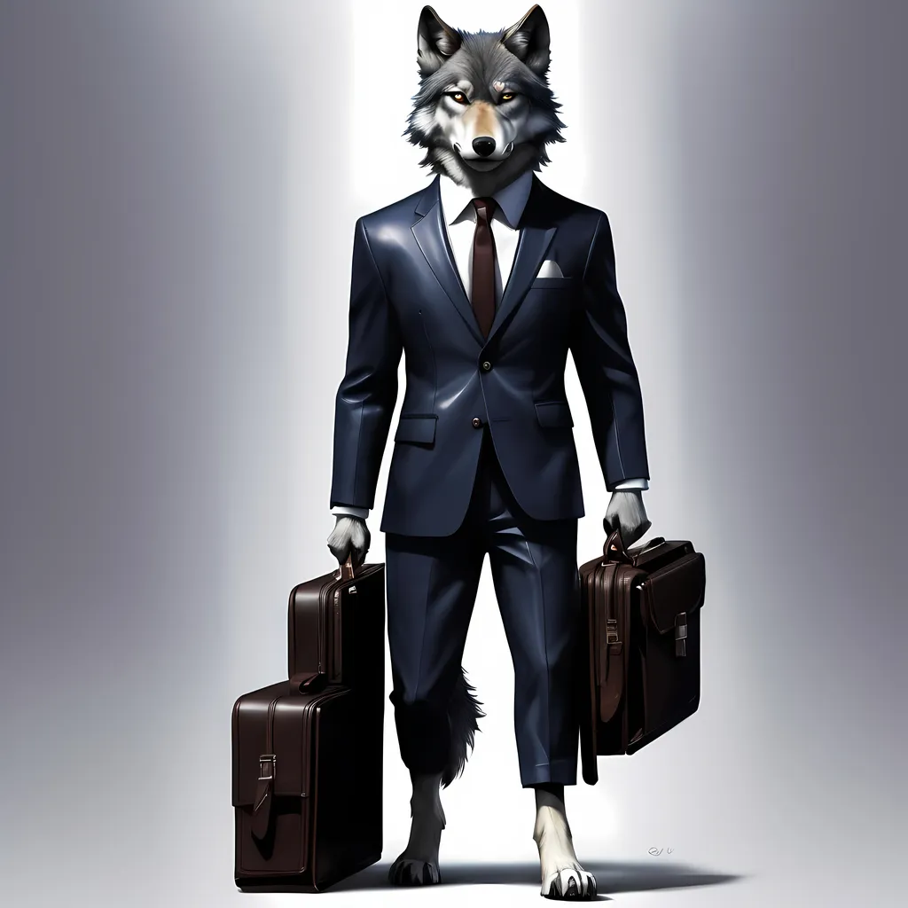 Prompt: A stern and serious looking wolf, carrying a leather briefcase, with a tail, wearing a dark navy-blue suit, standing on jet black shoes. Make it hyper realistic