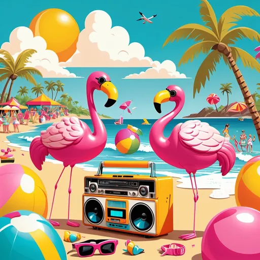 Prompt: retro beach party
lements to Include:

Bright Colors: Use bold pinks, yellows, and turquoise.
Characters: Cartoonish, exaggerated figures wearing oversized sunglasses and Hawaiian shirts.
Background: A sunny beach scene with a big, smiling sun and fluffy clouds.
Props: Add a giant inflatable flamingo, colorful beach balls, and a vintage boombox.
Text: Include a fun phrase like “Life’s a Beach!” in a playful, bubbly font.