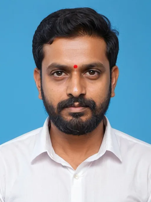 Prompt: a man with a beard and a white shirt is looking at the camera with a blue background and a red pen in his hand, Bholekar Srihari, samikshavad, professional photo, a picture