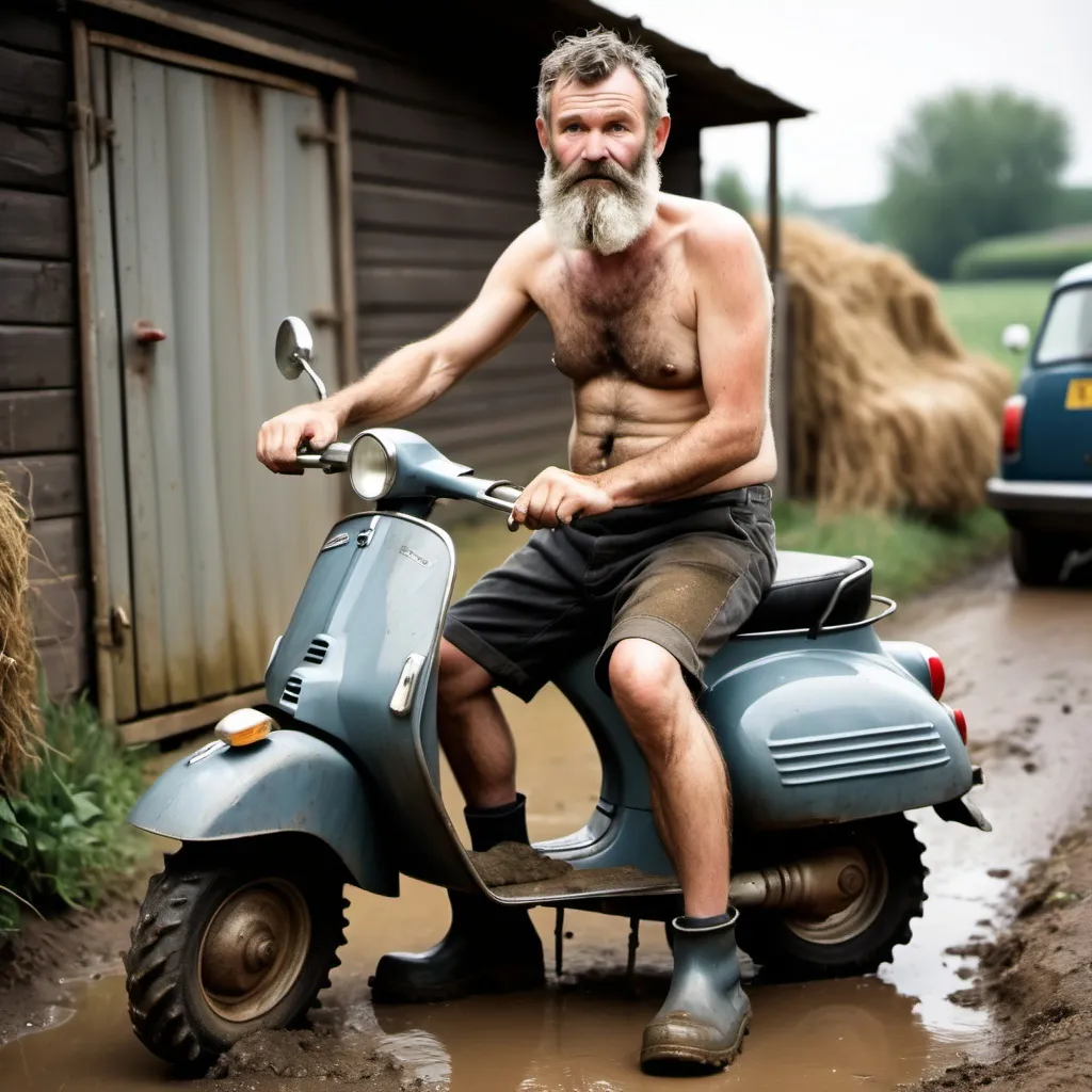 Prompt: bearded farmer with a bare, hairy chest. He wears dirty, black wellies. he pushes his old, grey Vespa. He makes a sour face